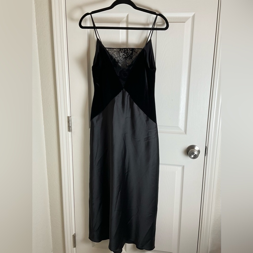ZARA Black Velvet & Satin Lace Inset Midi Slip Dress - Size M - Picture 3 of 14